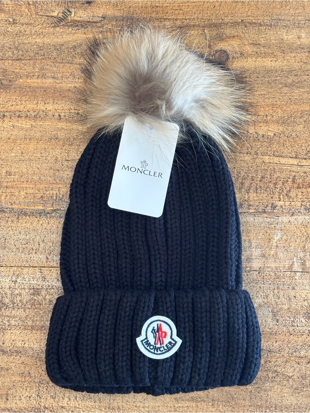 Moncler Kids Black Knit Beanie with Faux-Fur Pom